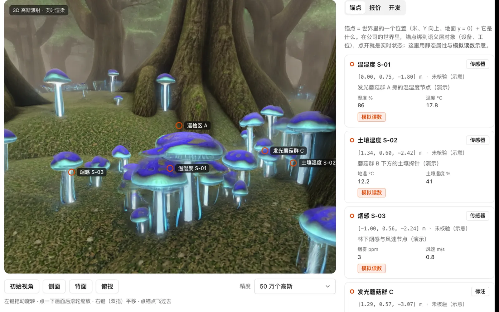 世界模型 · 空间建模：浏览器里实时渲染的 3D 高斯溅射森林，发光蘑菇群上标着温湿度、土壤湿度、烟感等数字孪生锚点